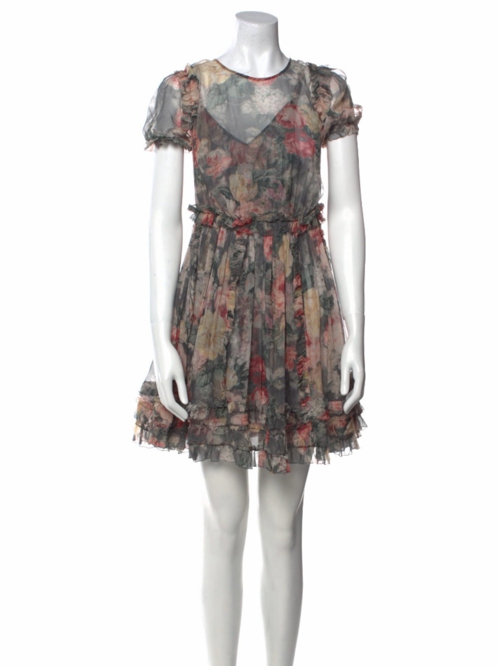 Zimmermann Radiate Ruffle Mini Dress Charcoal Gray Washed Floral - AU 2, US 8
